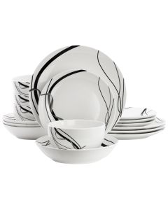 Elama Sarah 16 Piece Porcelain Black Ribbon Double Bowl Dinnerware Set, Service for 4 in White and Black